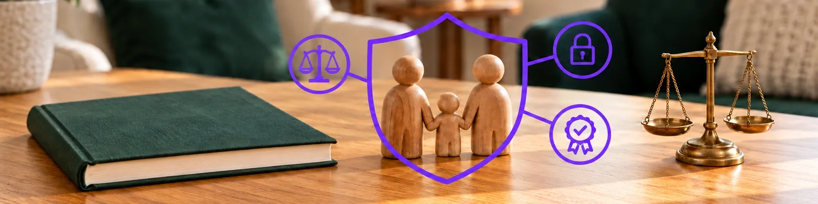 A family-therapy consultation table with a policy book, linked wooden family figures inside a violet shield, and brass balance scales