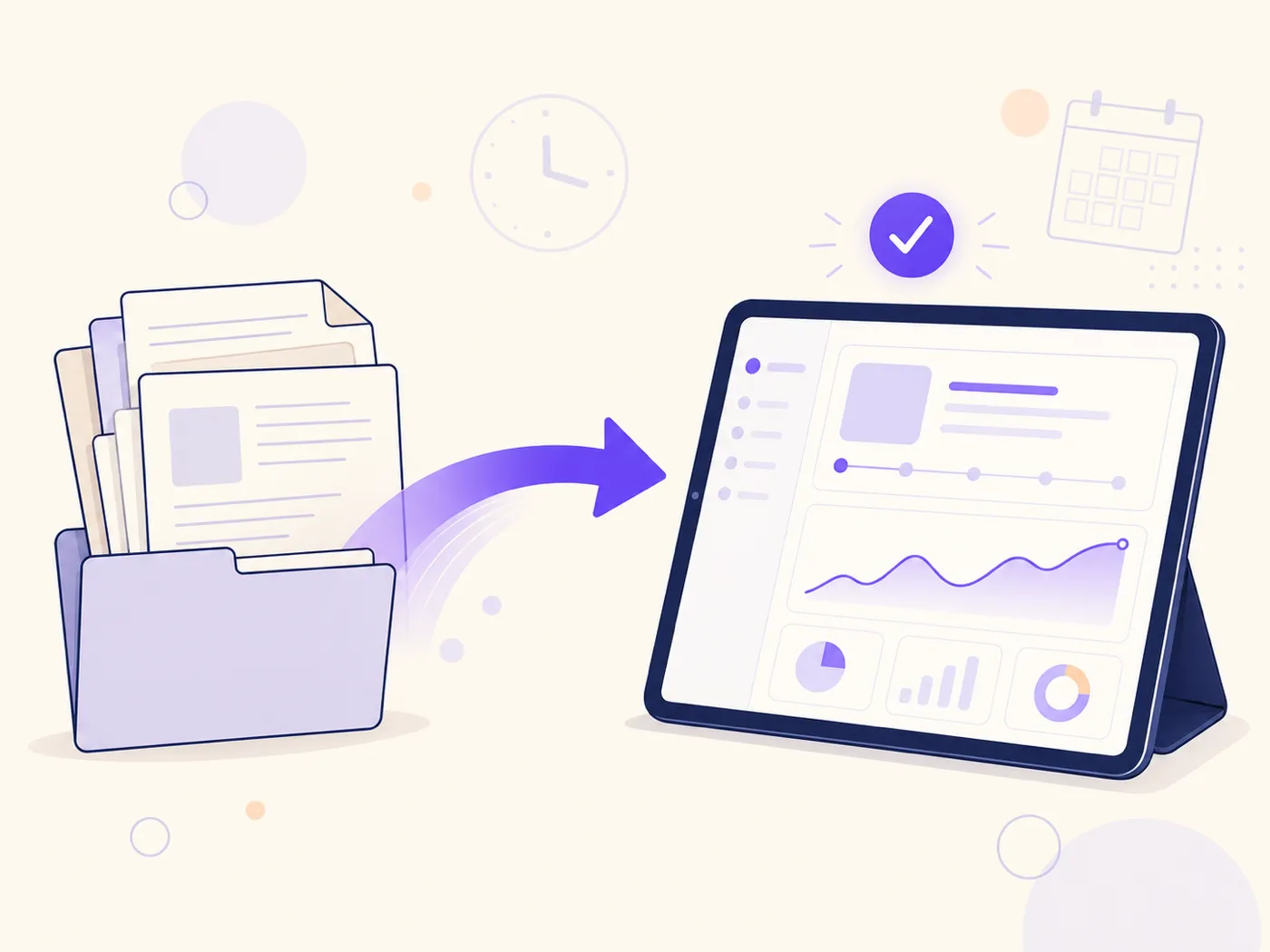 Flat editorial illustration of a document folder on the left flowing via a brand-purple arrow to a tablet showing the Emosapien dashboard on the right, with a small clock and calendar icon in the background suggesting a quick afternoon migration