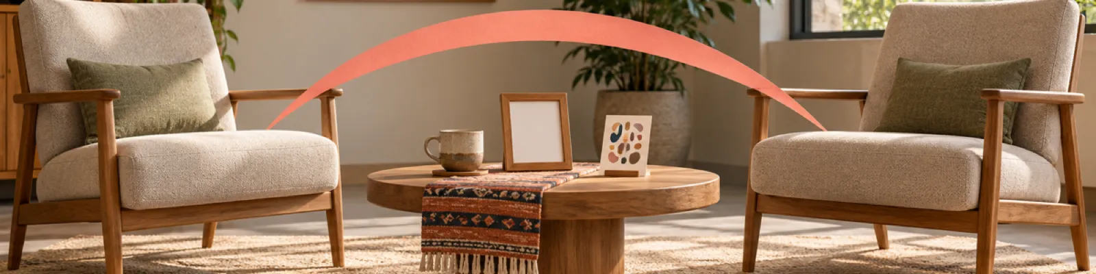 A counseling room with two equal chairs and culturally varied objects on a table joined by a coral lens arc