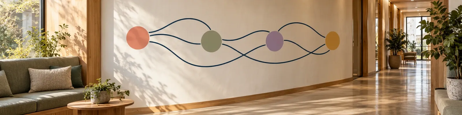 Sunlit clinic corridor and waiting area with one navy route mural connecting four colored markers for home, school, peers, and clinician.