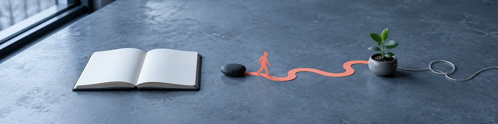 A coral cut-paper figure and path lead away from a dark pebble toward a potted sprout beside a blank notebook on a cool slate desk