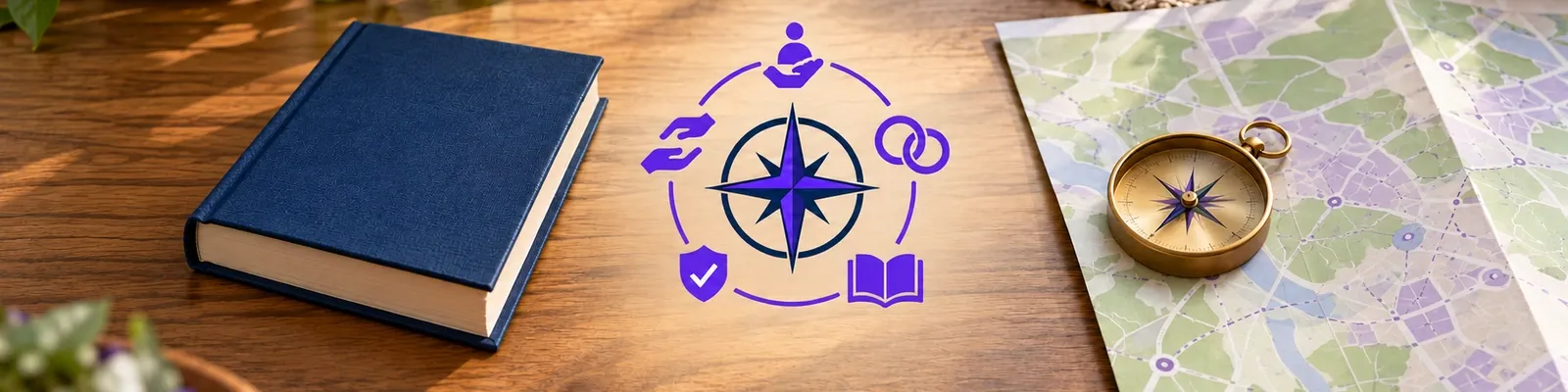 A social-work desk with a blank handbook, community resource map, brass compass, and violet principles compass rose