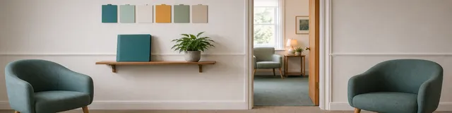 Calm UK therapy-service waiting area with two teal chairs, a closed folder, blank referral tabs, a plant, and a therapy-room doorway