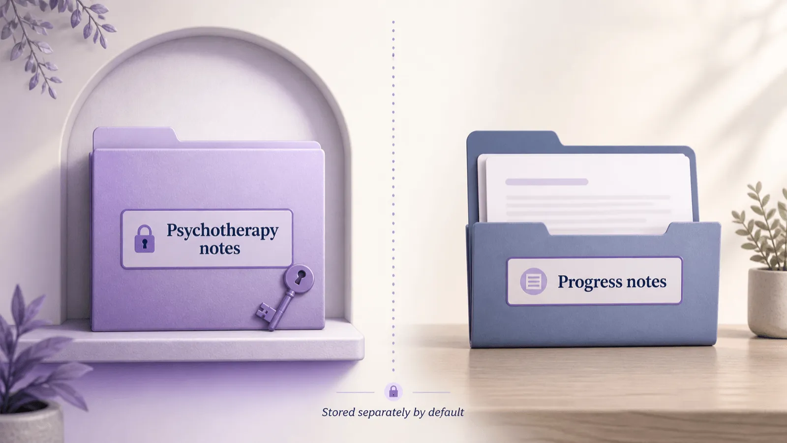 A locked lavender folder labelled 'Psychotherapy notes' on the left and an open blue folder labelled 'Progress notes' on the right, separated by a dotted line and the caption 'Stored separately by default'