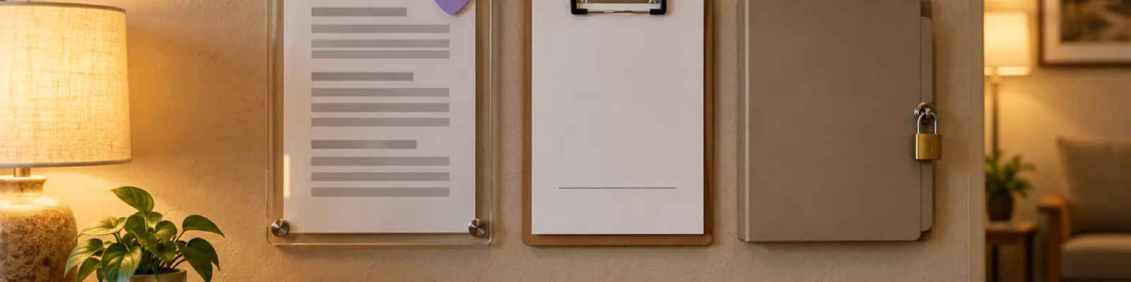 A wall-mounted clinic privacy notice and acknowledgment clipboard with a violet shield