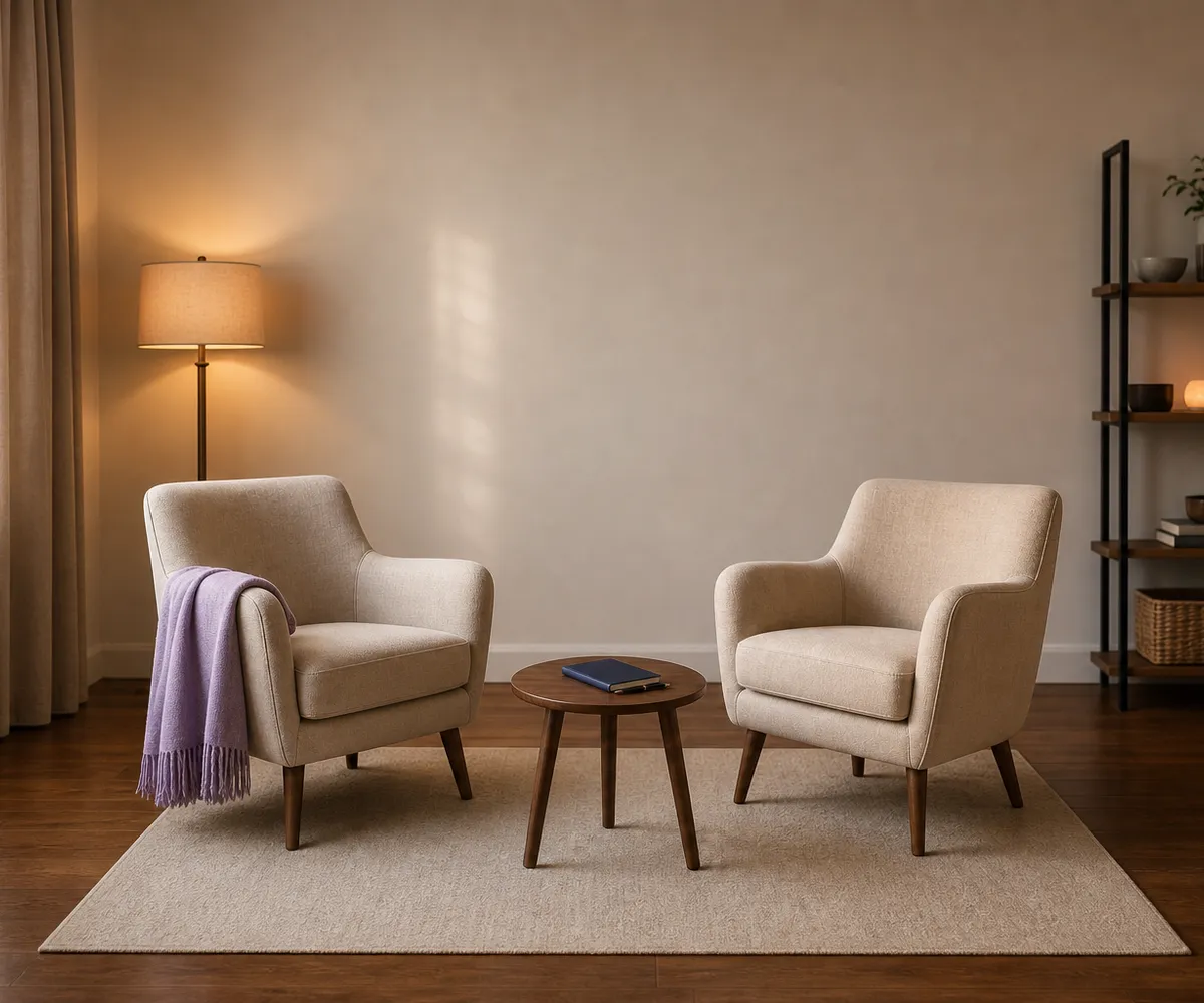 A calm therapy room with two cream armchairs, a lavender throw, and a navy notebook on the table between them