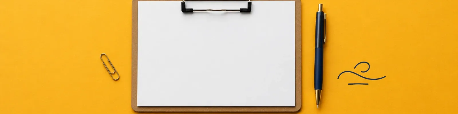 Overhead photo of a blank clipboard and pen with a small navy signature-line illustration.
