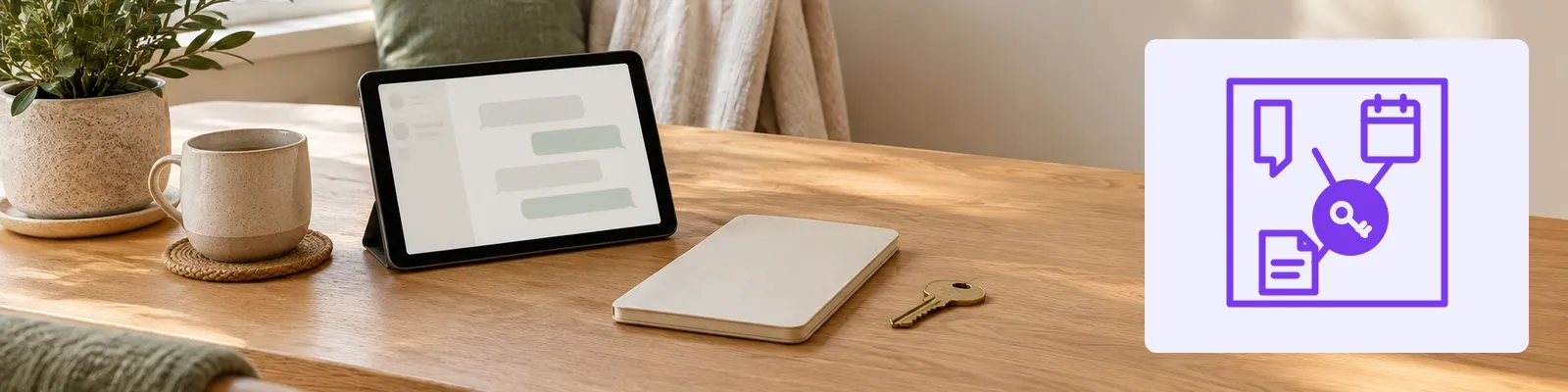 Home desk with a tablet, closed appointment card, and brass key beside a violet portal linking message, calendar, and document icons.