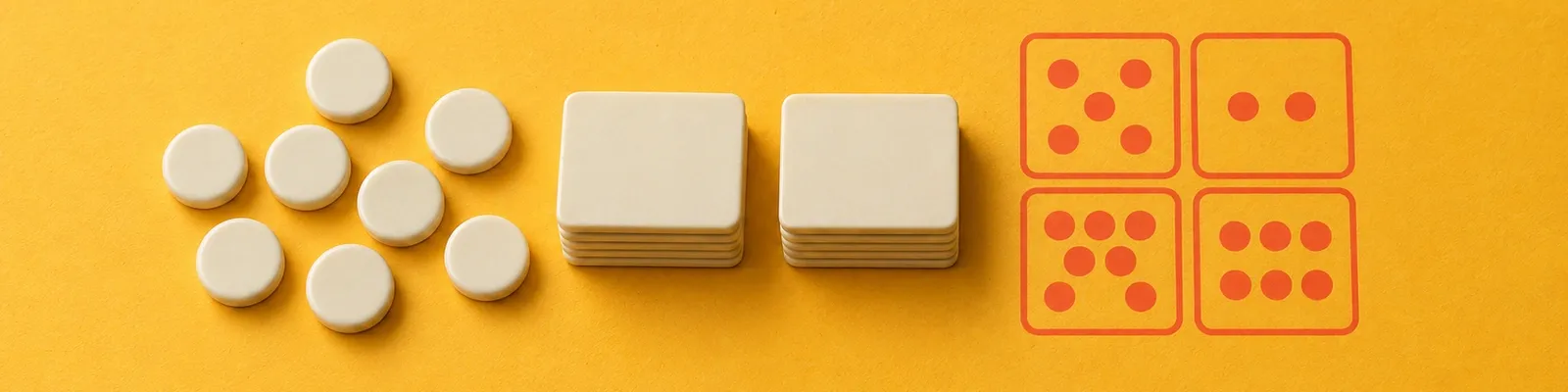 Blank ivory score tokens and cream assessment tiles on marigold paper beside a coral four-cluster scoring matrix.