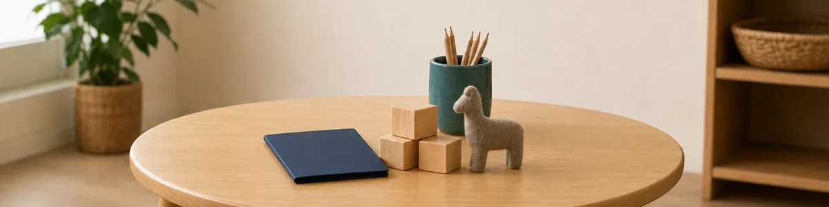 Closed navy clinician folder, wooden blocks, felt animal, and pencil cup on a child-height play table in a calm therapy room