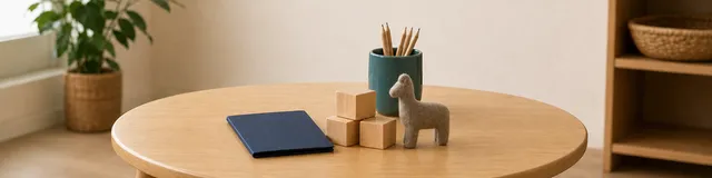 Closed navy clinician folder, wooden blocks, felt animal, and pencil cup on a child-height play table in a calm therapy room