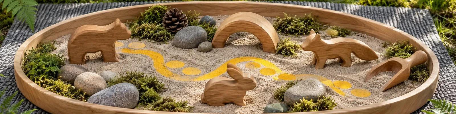 Wooden animal toys, an arch, stones, and a scoop in an outdoor sand tray, linked by marigold path marks.