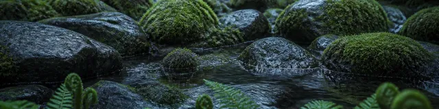 Low-angle forest creek with wet charcoal-slate stones, emerald moss, still water, and fern fronds in cool overcast light