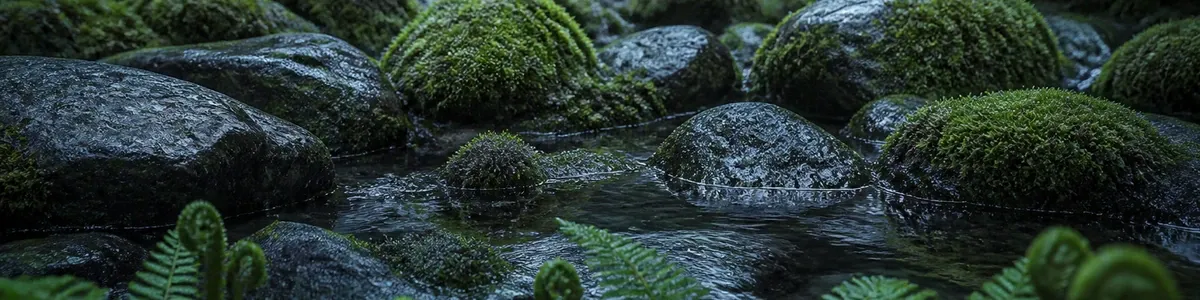 Low-angle forest creek with wet charcoal-slate stones, emerald moss, still water, and fern fronds in cool overcast light