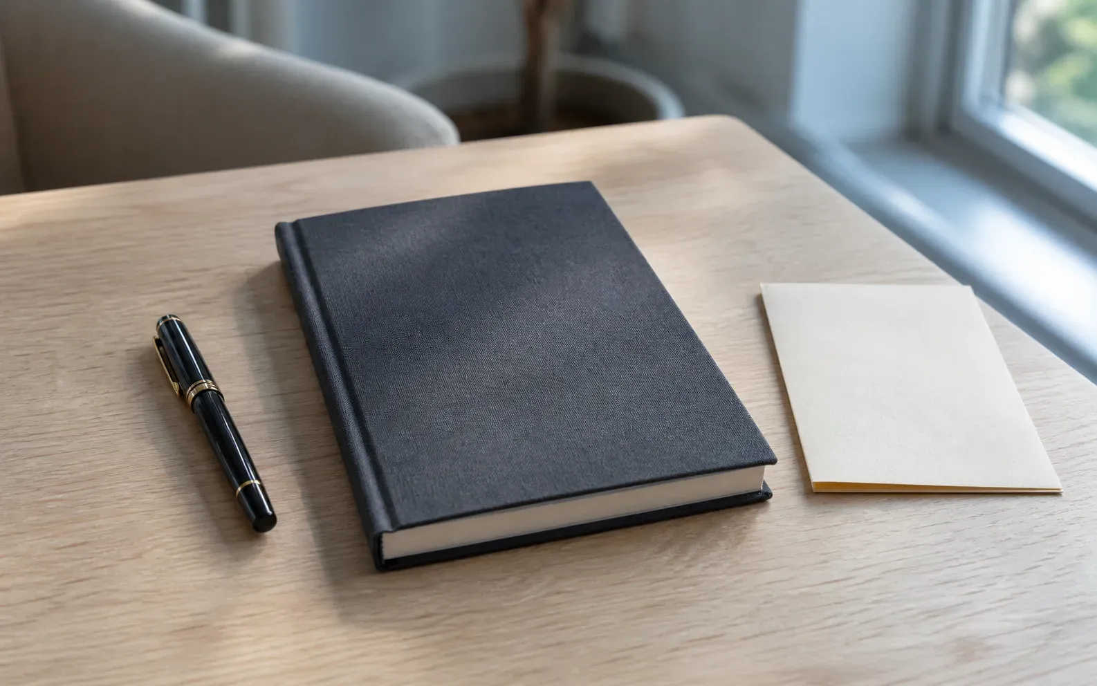 Closed charcoal notebook and capped fountain pen on a light oak desk beside a blank cream card in soft window light, suggesting private post-session documentation
