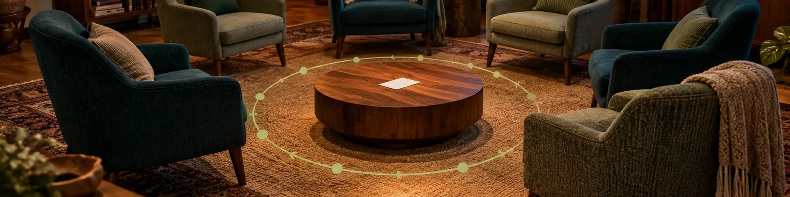 Empty group-therapy chairs surround a blank prompt card in a lamp-lit dusk room, with a sage turn-taking loop in the floor light.