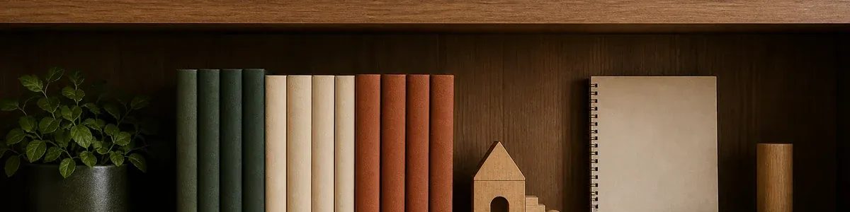 Straight-on therapist bookshelf detail with blank-spine books, a closed notebook, wooden model, and grouped topic tokens in forest green, rust, and parchment