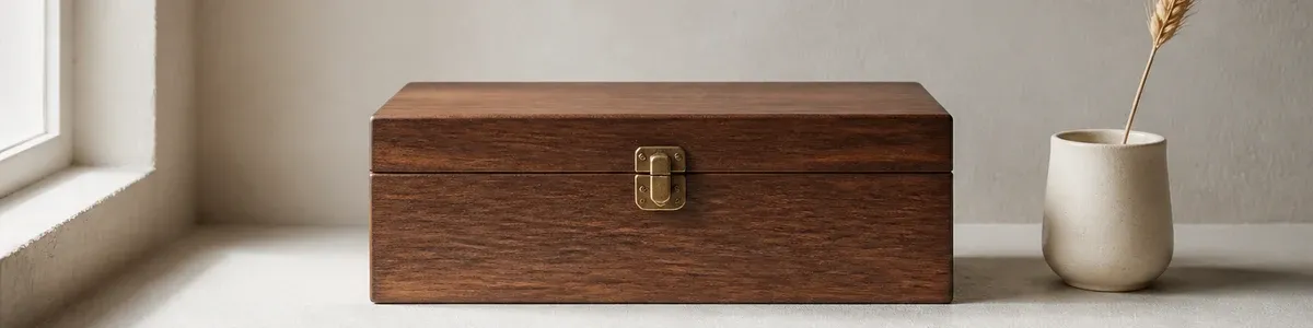 Closed walnut lockbox with a brass latch on a pale limestone window ledge beside a cream cup and one dried wheat stalk