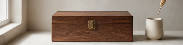 Closed walnut lockbox with a brass latch on a pale limestone window ledge beside a cream cup and one dried wheat stalk