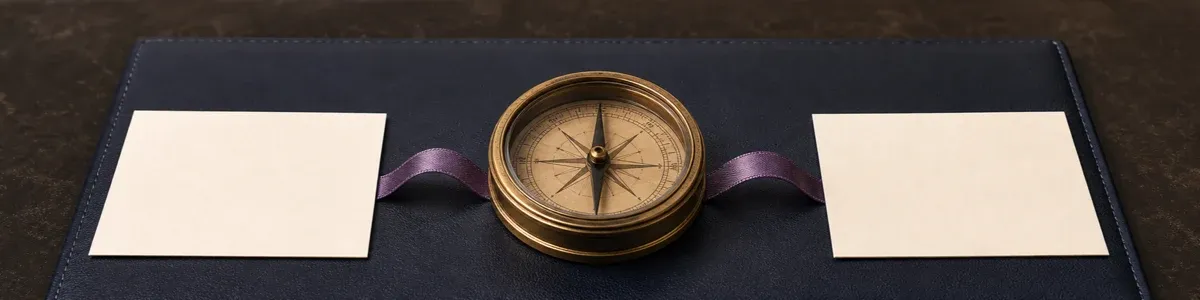 Brass compass between two blank jurisdiction cards linked by a purple ribbon on a navy document folio