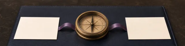 Brass compass between two blank jurisdiction cards linked by a purple ribbon on a navy document folio
