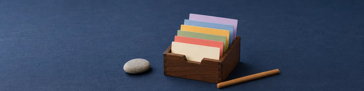 Blank color-coded topic cards in a wooden index box beside a pencil and smooth stone on navy cloth