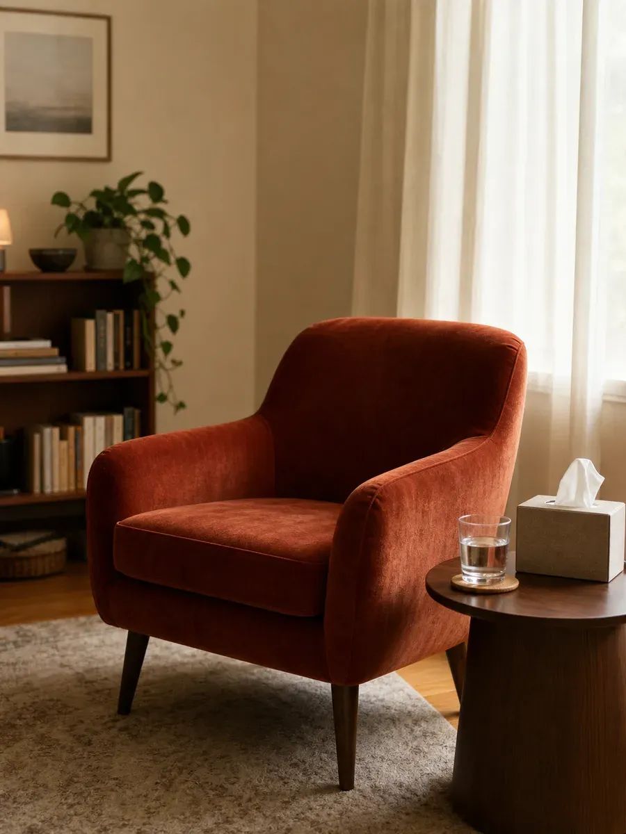 A calm private therapy practice room: a single empty terracotta velvet armchair beside a window with sheer curtains, a small side table with a tissue box and a glass of water, a bookshelf and a houseplant in the warm background