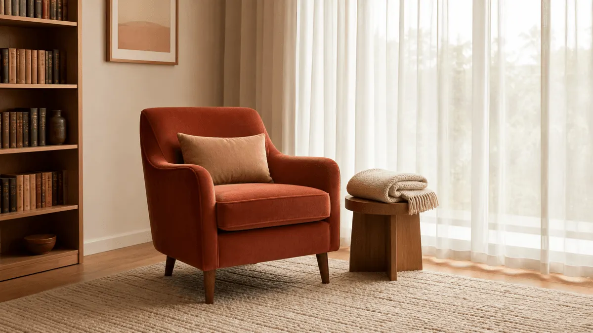 A calm therapy room interior with a single terracotta velvet armchair beside a window with sheer curtains, warm off-white walls, and a low bookshelf — a private therapy practice setting, deliberately not a clinical hospital environment