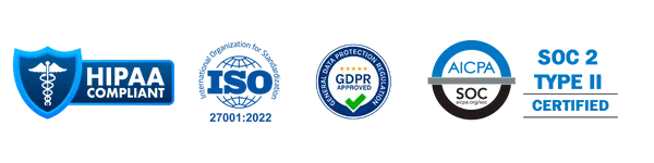 HIPAA, ISO 27001, SOC 2 Type II, and GDPR compliance badges