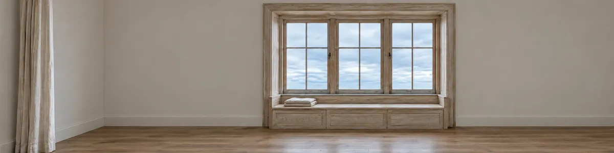 A weathered oak window looks onto moving overcast sky above a still stone sill and empty seat