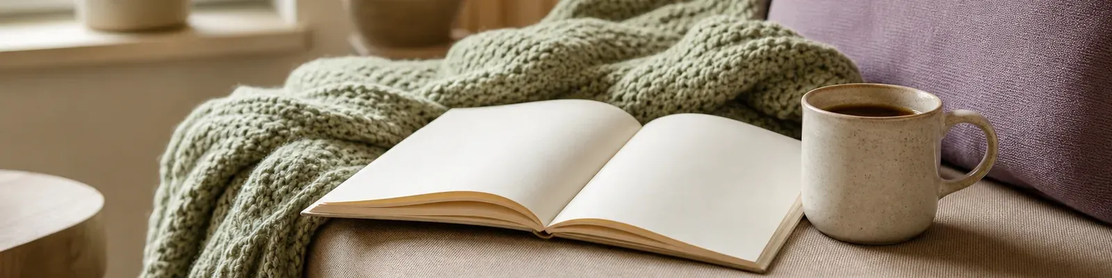 A sunlit reading nook with an open journal, a soft throw blanket and a mug of coffee