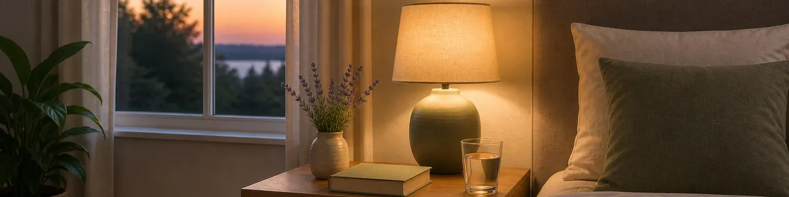 A serene bedroom nightstand at dusk with a warm lamp, a book and a glass of water