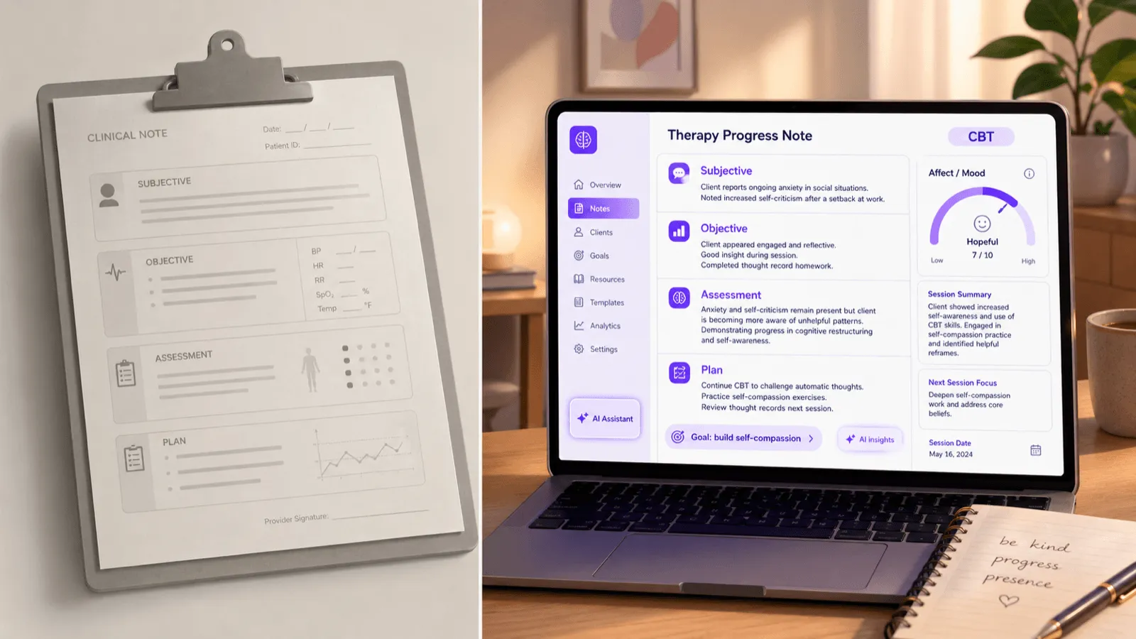 Side-by-side: a generic medical SOAP chart on a clipboard with vitals fields on the left, contrasted with the Emosapien Therapy Progress Note interface on the right with affect/mood scale, CBT modality tag, and treatment-plan goal links