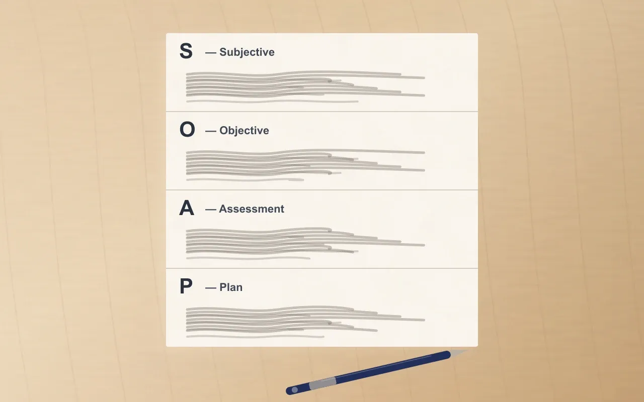 A SOAP-format clinical progress note divided into four labelled sections: Subjective, Objective, Assessment, Plan. Each section shows representative ruled-line content and is separated by a thin horizontal rule.