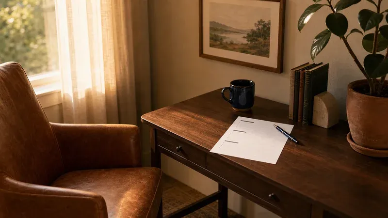 Warm therapy office with cognac leather chair beside a walnut desk holding a blank four-section form, navy pen, ceramic mug, books, and potted plant by a sunlit window