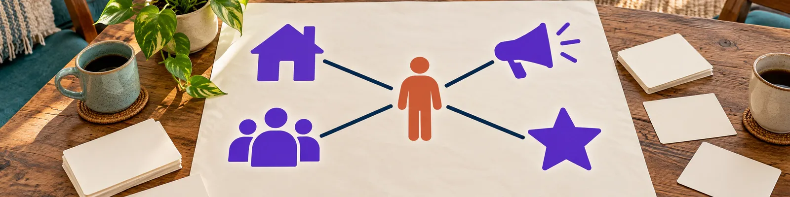 A sunlit community-agency table holds a referral map with a coral person symbol connected to home, group, advocacy, and coping icons