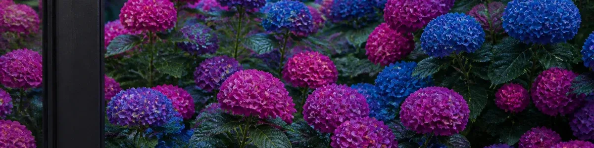 Over-the-shoulder view past a charcoal steel window mullion onto fuchsia, cobalt, and violet hydrangea blooms with sage leaves at dusk