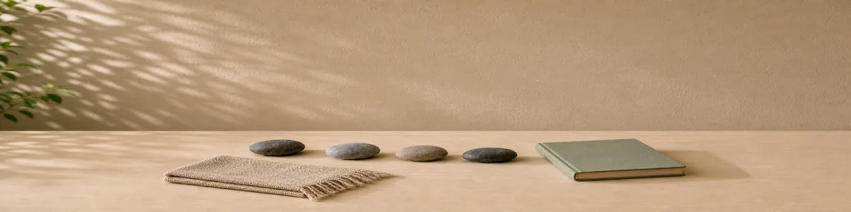 Four smooth river stones step across a cream therapy-office side table beside a woven cloth and closed sage notebook