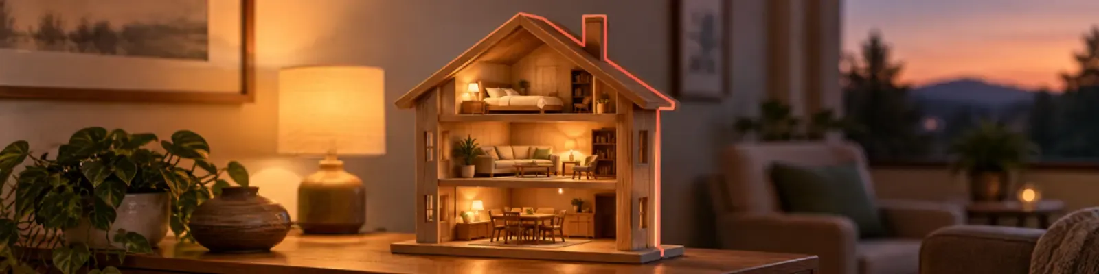 Warmly lit wooden house model with stacked open floors and a coral roof-and-wall outline