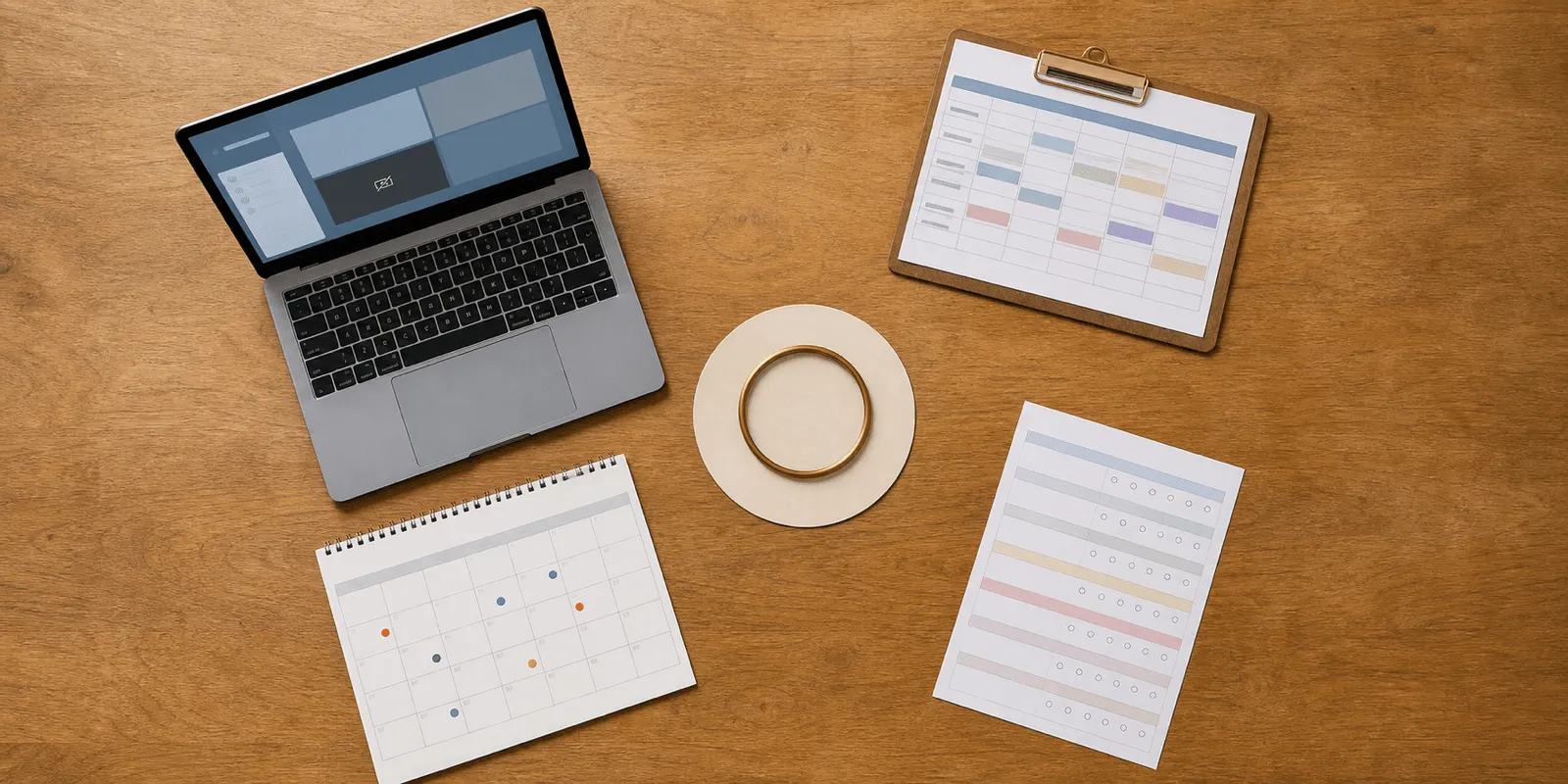 Overhead view of a therapist's desk with a laptop, paper schedule clipboard, week calendar, and outcome questionnaire arranged around a central focal point — representing the four kinds of system Emosapien plugs into