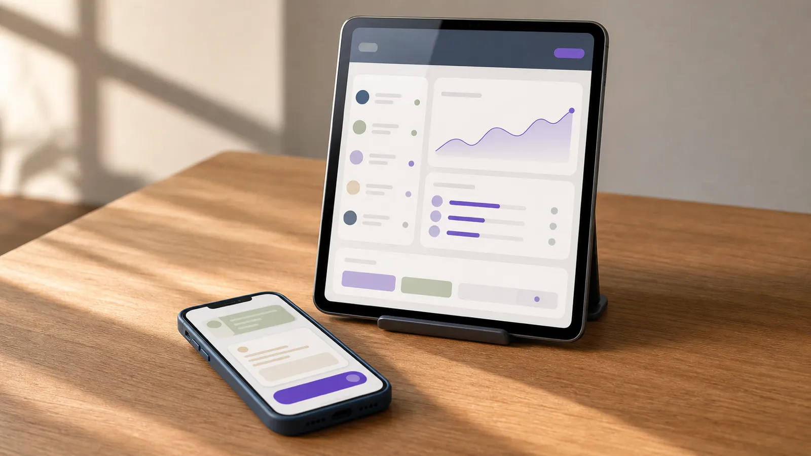 Flat editorial illustration of a smartphone showing a between-session conversation interface with sage-green and cream chat bubbles, brand-purple action button, on a slate-blue gradient — the between-session moment