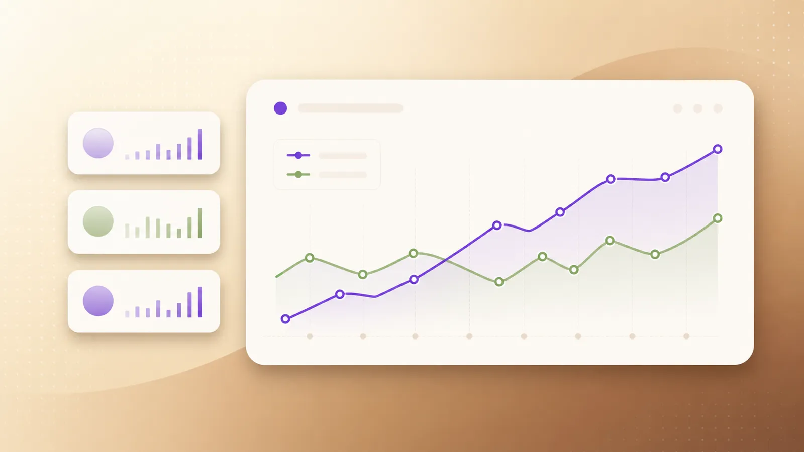Flat editorial illustration of a dashboard chart showing brand-purple and sage trend lines rising over time, with three small client check-in summary cards floating to the left, on a cream-to-walnut gradient background — between-session data
