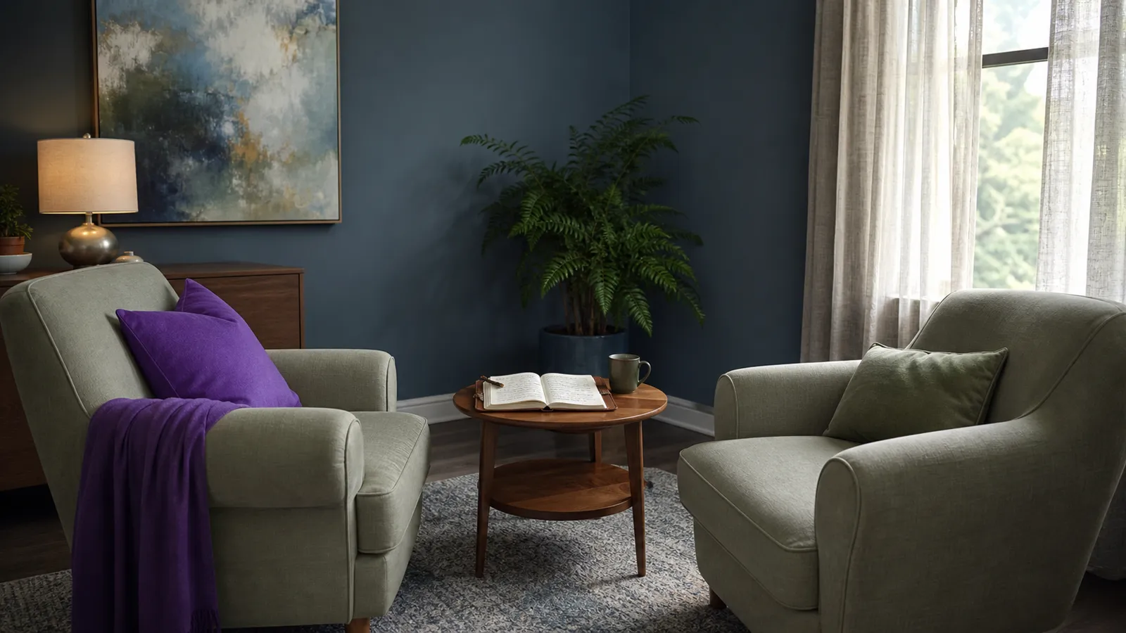 Calm therapy room interior with two empty upholstered chairs facing each other, open notebook on a small table between them, soft afternoon light through linen curtains — the in-session moment