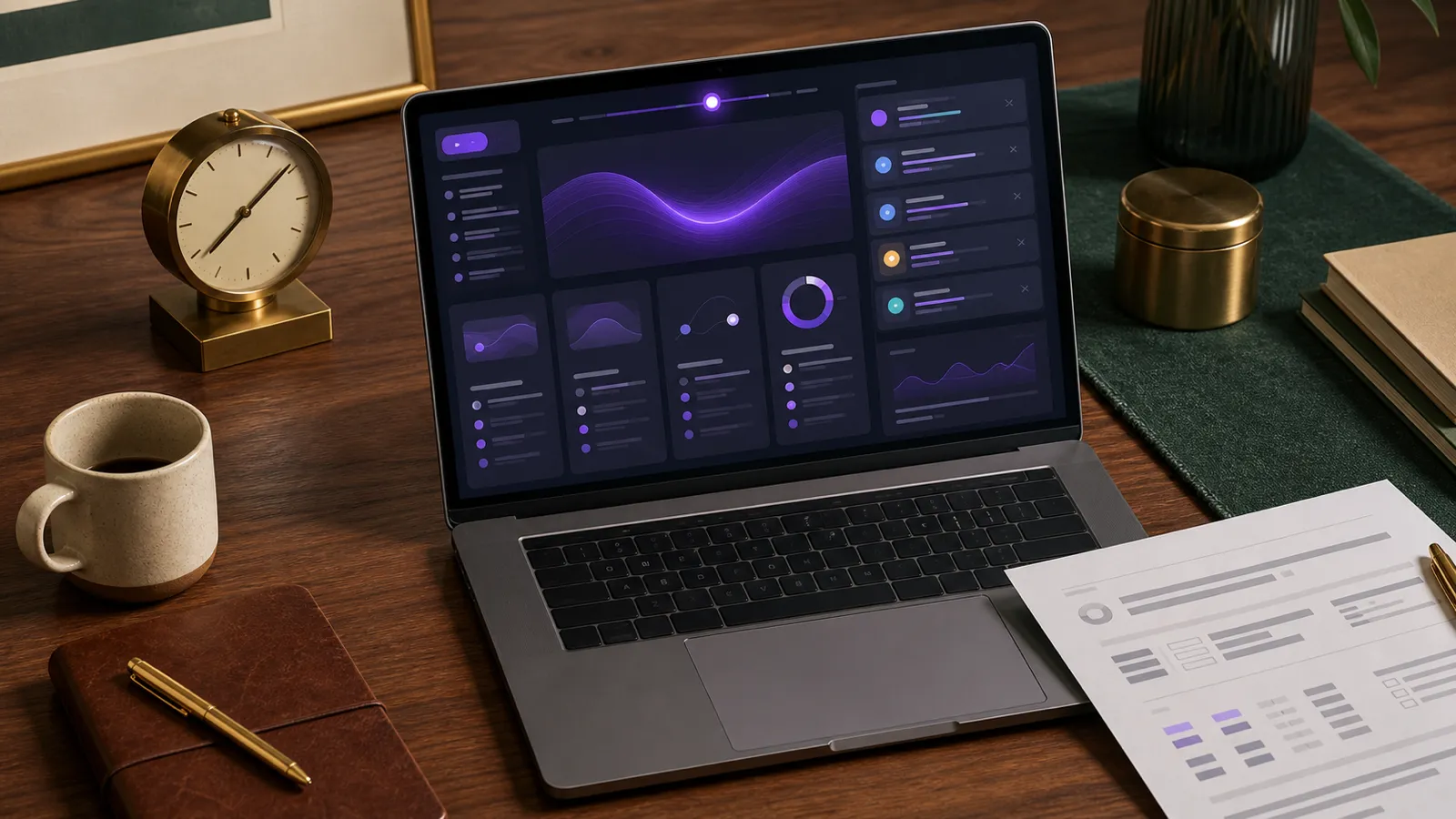 Top-down flat-lay of a walnut desk with a printed assessment form, leather notebook, brass desk clock, tan envelope, ceramic mug, and two stacked reference books on an emerald-green linen runner — the in-session workspace