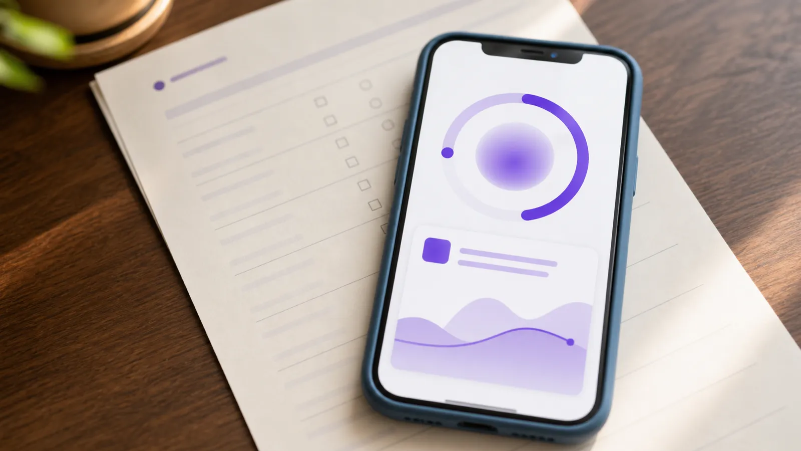 Macro close-up of a printed PHQ-9-style assessment form with a fountain pen poised over a row of likert checkboxes, narrow depth of field, soft window light, brand-purple sticker dot in the upper-right corner — the assessment moment