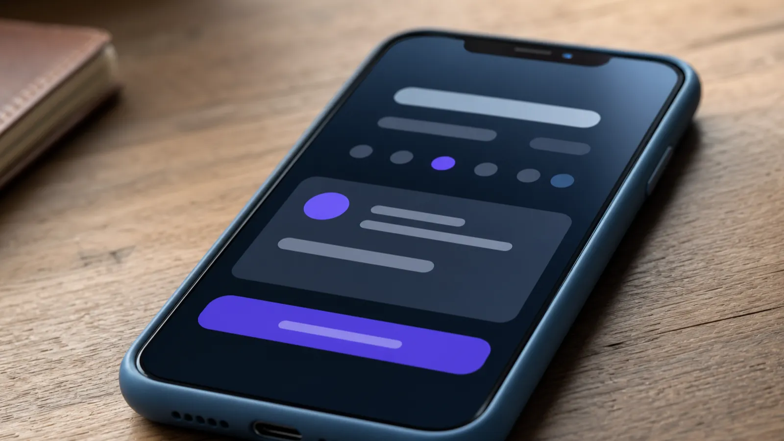 Macro close-up of a smartphone with a brand-purple between-session calendar reminder UI mock, slate-blue case, narrow depth of field — the pre-session prep moment