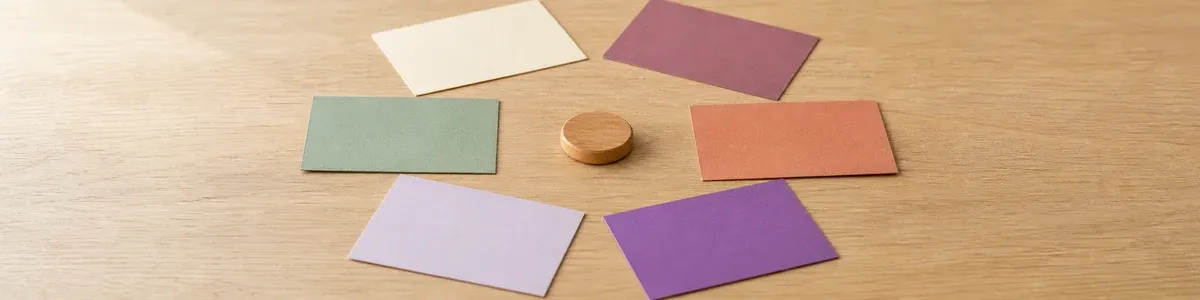 Six blank colored paper cards arranged in a loose circle around a small wooden marker on warm oak wood, photographed as a calm clinical still life with no faces or readable text