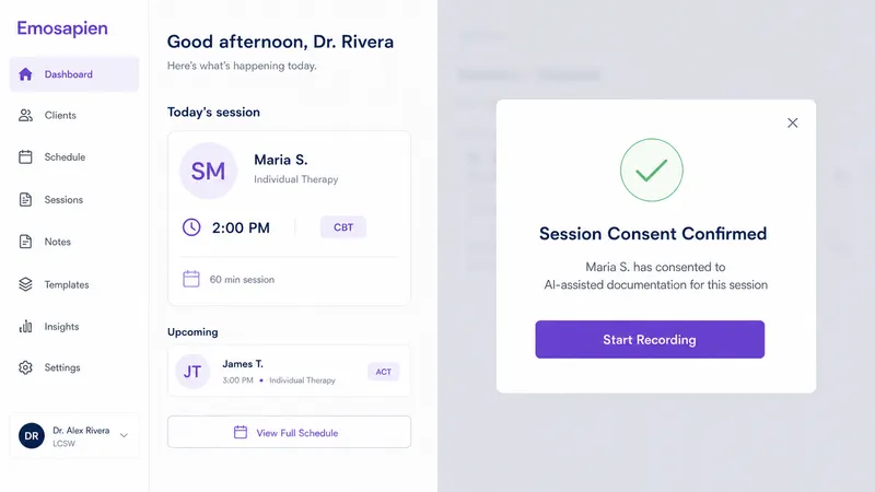 Emosapien clinician dashboard showing a consent confirmation modal before the session begins