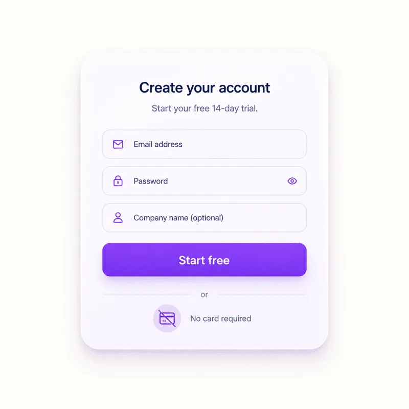 Sign-up form with a purple Start free button and a "no card required" credit-card icon