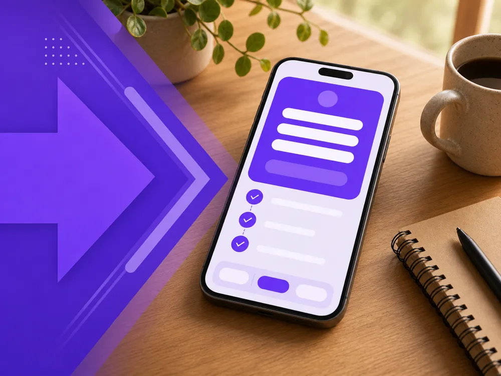 A desk corner with a smartphone showing a soft purple gradient sign-up screen and a notebook with a pen